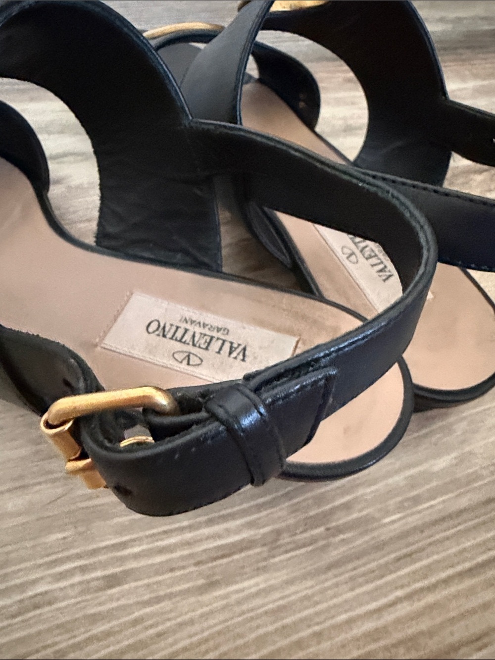 Valentino Black Leather Sandals with Gold Ring Accents - Picture 10 of 15